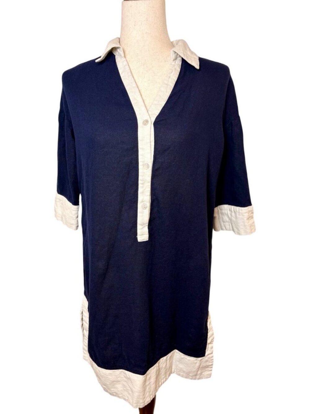 Cynthia Rowley Navy White Linen Blend Shift Dress Size XS